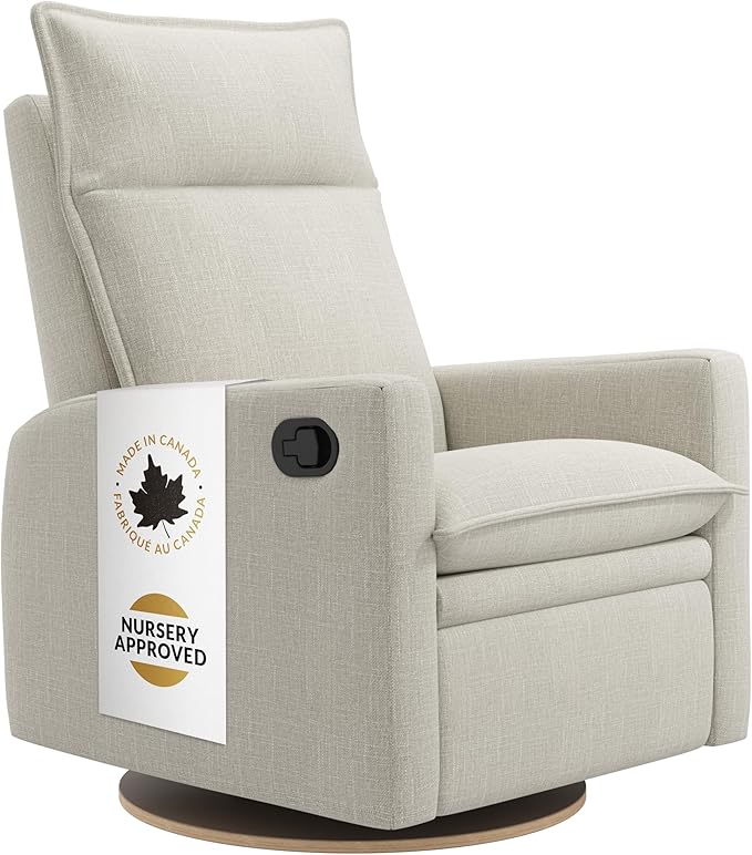 Jaymar Arya Modern Nursery Glider Recliner Chair – Cozy Nursing Chair with 360° Swivel for New Parents, Gentle Motion, Compact Design, High Back & Low Armrests, Canadian Made (Ivory/Nubia Fabric)