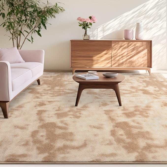 Kimicole 7x10 Washable Area Rugs for Living Room Bedroom, Large Low Pile Ulta-Thin Solid Color Rug, Non-Slip Soft Fluffy Carpet for Nursery Kids Room Dorm Room Home Decor (Light Tan)