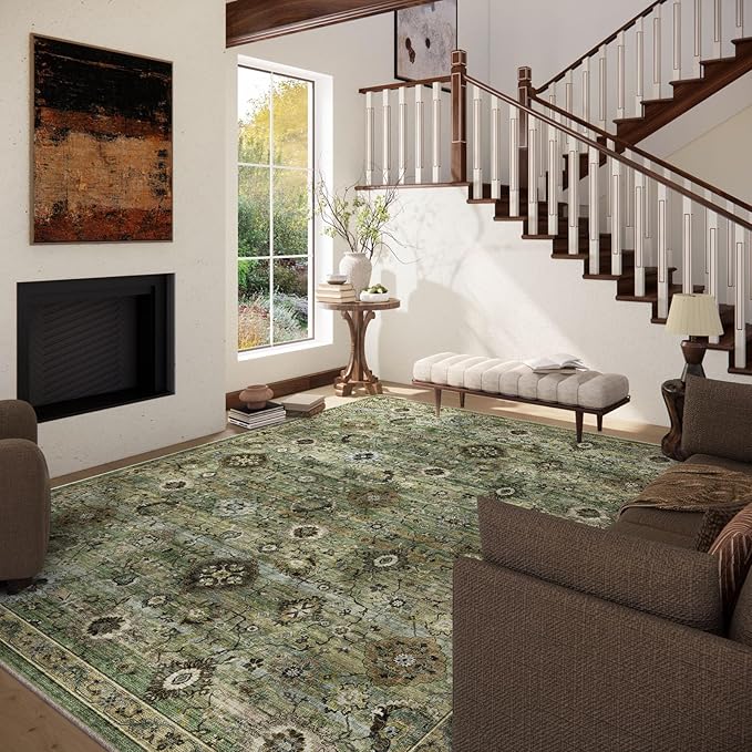 Washable Area Rugs for Living Room: 5x7 Rug Boho Vintage Rugs Stain Resistant Non Slip Low Pile Lightweight Soft Carpets for Bedroom Kitchen Dining Room Nursery Kids Room Farmhouse Home Office