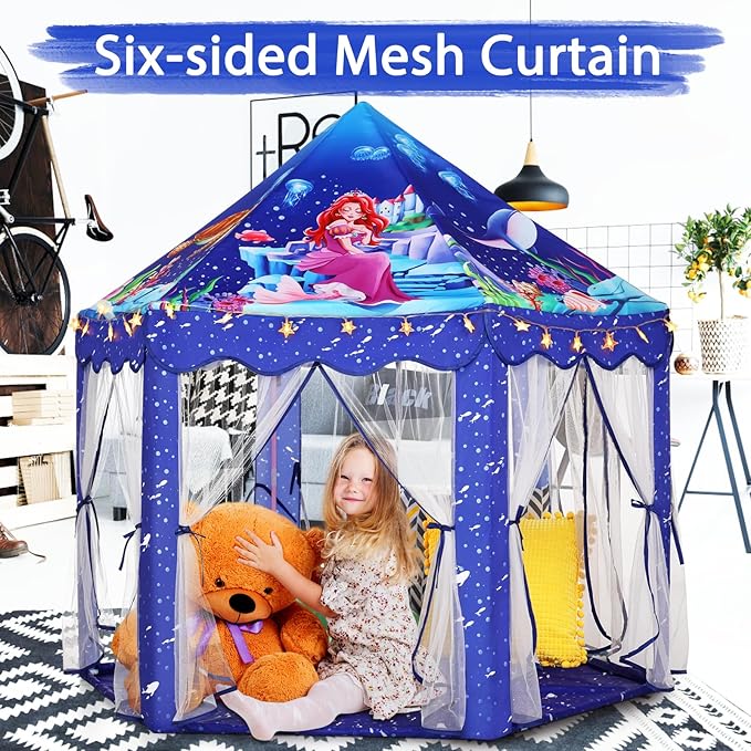 Monobeach Mermaid Princess Tent Girls Blue Large Playhouse Kids Castle Play Tent with Star Lights Gift Toy for Children Indoor and Outdoor Games
