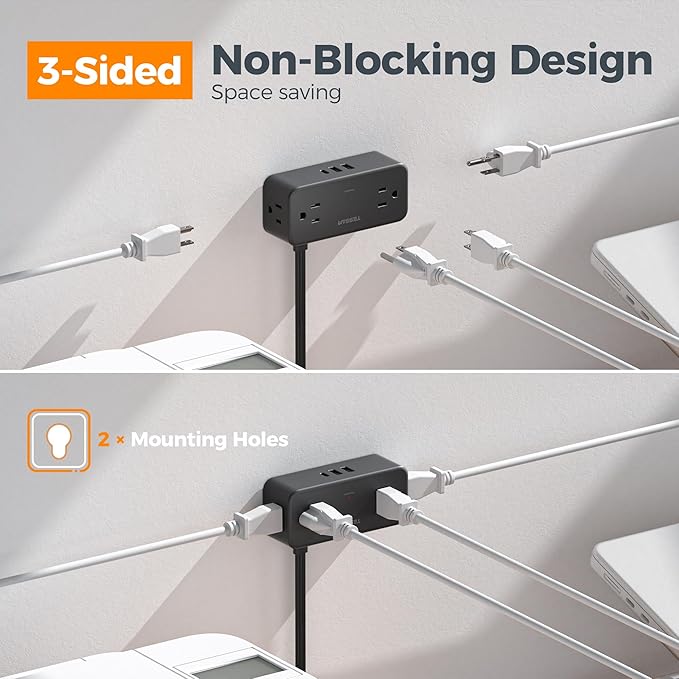 Black Extension Cord 5 Ft, TESSAN Flat Surge Protector Power Strip with 4 Wide Spaced AC Outlets 3 USB Ports (1 USB C), Ultra Thin Flat Plug with 900J Surge Protection, Office Dorm Room Essentials