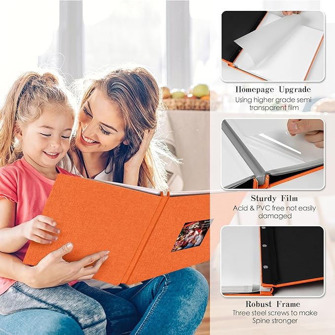 Spbapr Large Photo Album Self Adhesive 3x5 4x6 5x7 8x10 Pictures Magnetic Scrapbook 40 Blank Pages Linen Cover DIY Album with A Metal Pen Orange