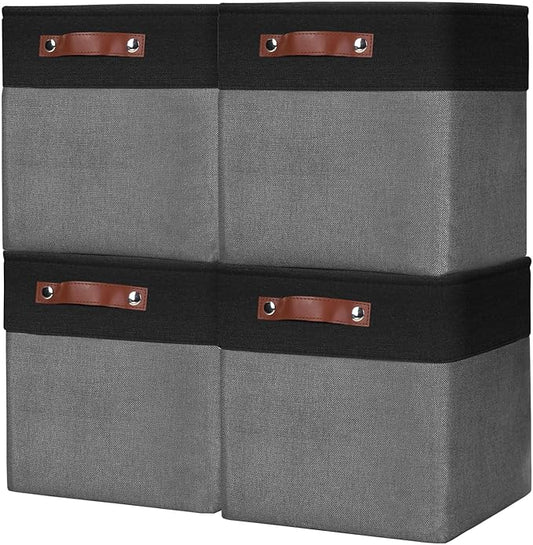 Collapsible Fabric Storage Cubes 11x11 Cube Storage Bins, 4 Pack Closet Baskets Box with Handles for Organizing, Shelf, Toys, Clothes, Home, Office, Nursery (Grey&Black)
