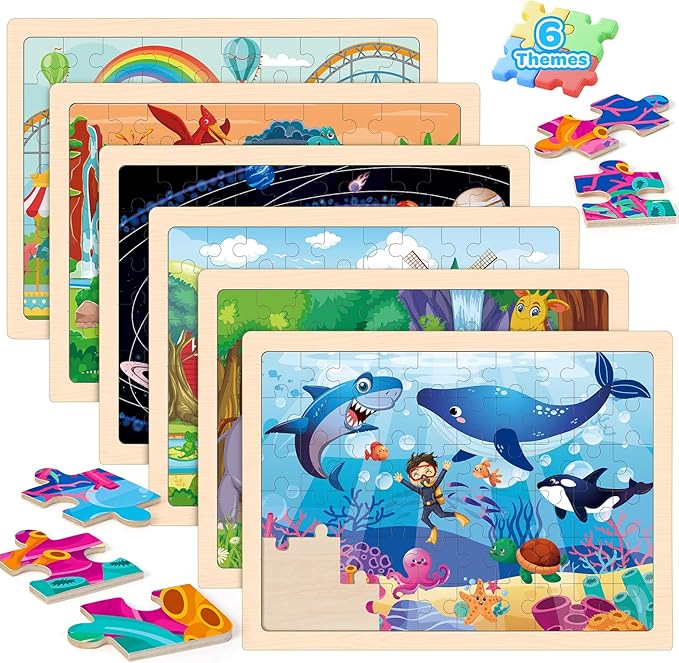 6 Packs Wooden Puzzles for Kids Ages 4-6, 60 Piece Wood Dinosaur Animals Jigsaw Puzzles for Toddlers Ages 3-5, Preschool Educational Learning Toys Gifts for 2 3 4 5 6 7 8 Boys Girls