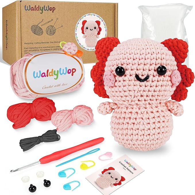 WaldyWop Crochet Kit for Beginners Kids, Wobbles Crochet Animal Kit, Complete Starter Knitting Set w/Step-by-Step Video Tutorials, Easy Yarn (Extra 40%), Hook - DIY Craft Kits, Gifts for Girls Teen