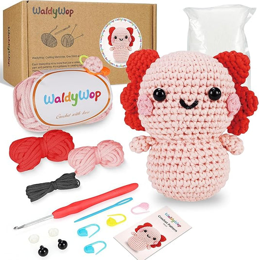 WaldyWop Crochet Kit for Beginners Kids, Wobbles Crochet Animal Kit, Complete Starter Knitting Set w/Step-by-Step Video Tutorials, Easy Yarn (Extra 40%), Hook - DIY Craft Kits, Gifts for Girls Teen