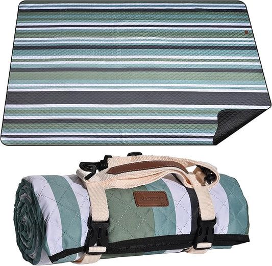Waterproof Picnic Blanket 80" x 60" in Portable with Carry Strap for Beach Mat or Family Outdoor Camping Party, Park Blanket for Grass Park, Hiking, Travel, Concerts (Green&White, 80" x 60")