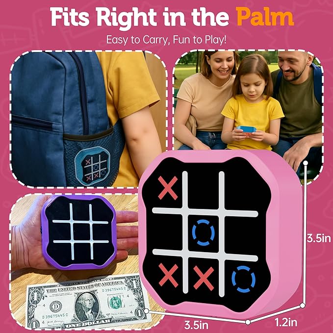 3 in 1 Electronic Tic Tac Toe Game, Handheld Digital Tic Tac Toe Bolt Game with Silent Mode, Portable Learing Toys Gift for Kids & Adults, Pink