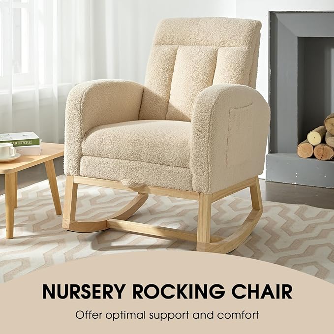 NIOIIKIT Modern Nursery Rocking Chair, Teddy Upholstered Rocking Chair with Footrest, Comfortable Glider Rocker with Side Pocket for Living Room, Bedroom, Nursing Room (Beige)