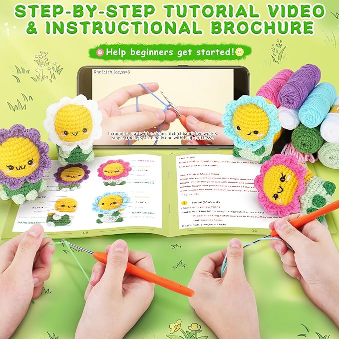 Crochet Kit for Beginners - 4PCS Flowers Complete Crochet Starter Kit with Step-by-Step Video Tutorials, Beginner Crochet Kits for Adults Kids Women, Flower Family Crocheting Set
