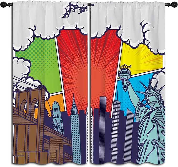 City Rod Pocket Blackout Curtains for Boy Girl Bedroom, Pop Art Style New York Cityscape Home Energy Efficient Light Filtering Window Curtain for Living Room, 84x63 inch
