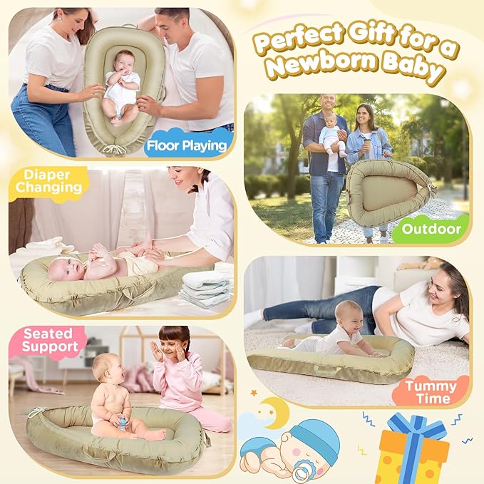 Baby Lounger - Baby Lounger for Newborn 0-24 Months, Breathable & Soft Cotton and Velvet Cover Baby Nest, Portable Tummy Time Lounger for Home and Travel, Ideal Baby Essentials & Shower Gifts