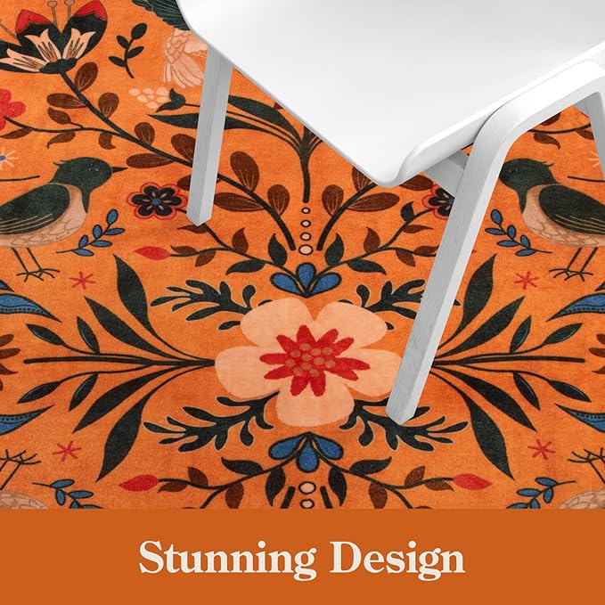 Moynesa Washable Area Rugs 5x7, Ultra Thin Soft Rugs for Living Room Bedroom Non Slip, Indoor Boho Bird Patterned Orange Floral Throw Carpet for Playroom Office Kitchen Stain Resistance