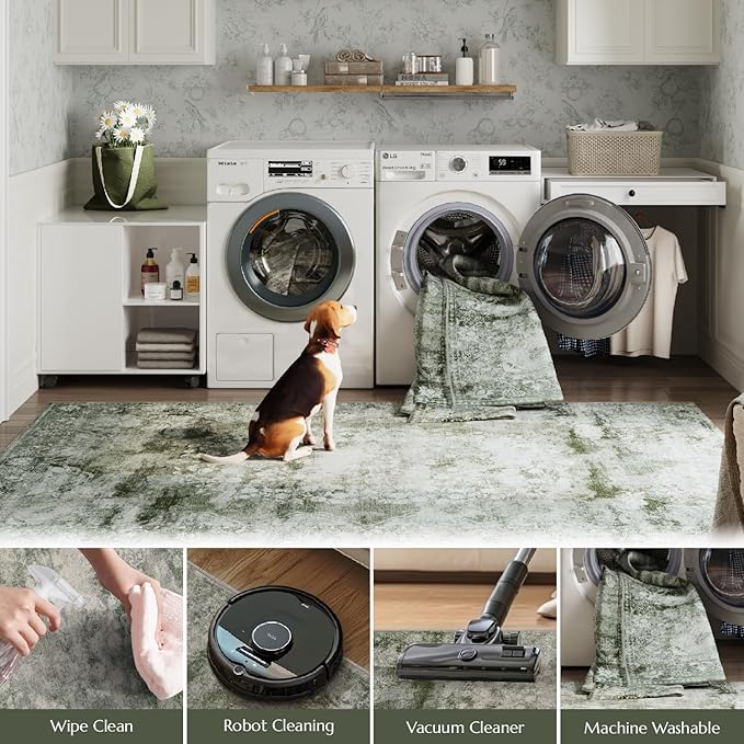 jinchan Green Floral 2x3 Rugs for Entryway - Vintage Washable Area Rug Ultra-Thin Low-Pile Soft Small Non-Slip Distressed Doormat for Entrance Kitchen Bedroom Bathroom (2x3ft,Forest Green)