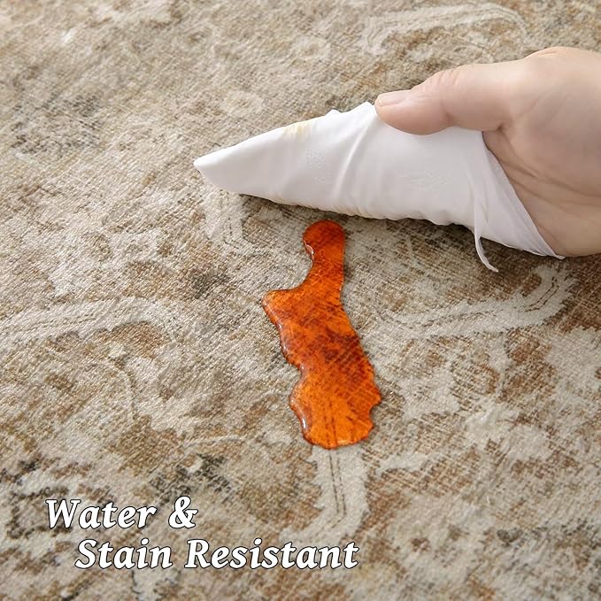 Washable 5x7 Area Rugs for Living Room, Boho Non-Slip Silicone Backing Rugs for Bedroom Dining Room Nursery Office, 0.3" Neutral Oriental Throw Carpet with 0.16" Cushioning Pad, Brown/Multi