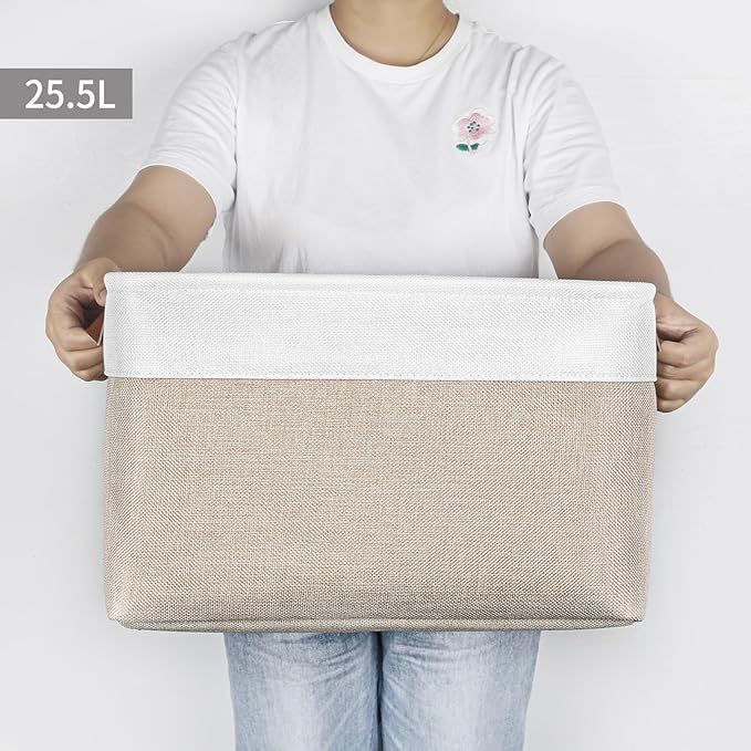 Storage Bins Large Fabric Storage Baskets for Shelves 3 Pack, Decorative Linen Closet Baskets with Handles for Organizing, Shelf, Clothes, Home, Office, 15x11x9.5Inches (Beige&White)