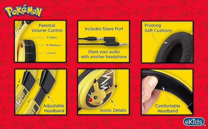 Pokemon Pikachu Wired Kids Headphones, Adjustable, Stereo Sound, 3.5Mm Jack, Tangle-Free, Volume Control, Children's Headband On Ear for School Home, Travel