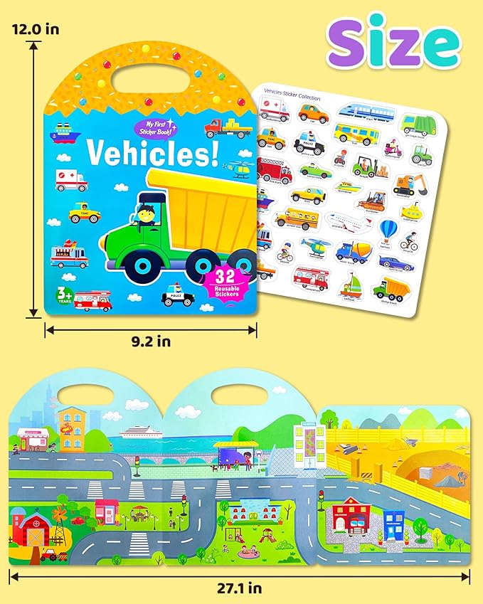 Benresive Reusable Sticker Book for Toddlers 2-4 Years, Fun Travel Stickers for Kids, Waterproof Sticker Books for Toddlers 1-3, Crafts Activities for Todddlers 1-3 2-4 3-5 - Transport