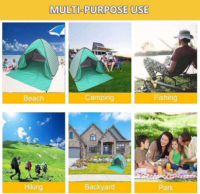 Pop Up Beach Tent Shade Sun Shelter UPF 50+ Canopy Cabana 2-3 Person for Adults Baby Kids Outdoor Activities Camping Fishing Hiking Picnic Touring (Lake Green Stripes)