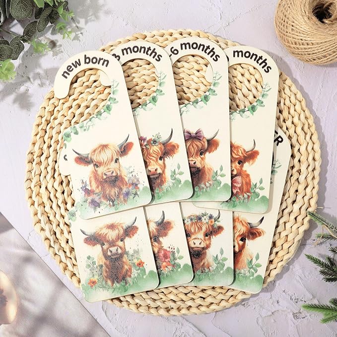 Whaline 8Pcs Baby Closet Size Dividers Watercolor Highland Cow Hanging Wood Baby Closet Organizer Newborn to 24 Months Thicken Baby Wardrobe Organizer