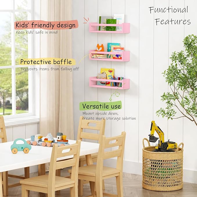 Pink Nursery Floating Shelves for Wall Set of 3, Baby Girls Room Wall Book Shelves for Kids Bedroom, Corner Bookshelf for Toddler Children Bathroom Decor and Toys Organizers and Storage