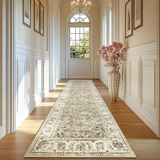 jinchan Hallway Runner Rug 2x10 Machine Washable Runner Rug Taupe Vintage Floral Design Non-Slip Ultra-Thin for Kitchen Laundry Room Bedroom Farmhouse (2‘x10',Taupe)