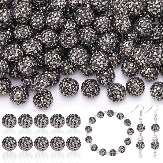160pcs 10mm Rhinestone Beads for Jewelry Making, Hematite Shiny Round Disco Ball Beads Bulk, Sparkle Crystal Clay Christmas for Bracelet Baseball Necklace Earring Crafting and DIY