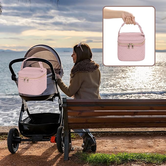 Fasrom Breastmilk Cooler Bag with Ice Pack Fits 4 Baby Bottles up to 5 Ounce, Insulated Baby Bottle Bag for Nursing Moms Daycare or Travel, Easily Attaches to Stroller, Pink (Patent Design)