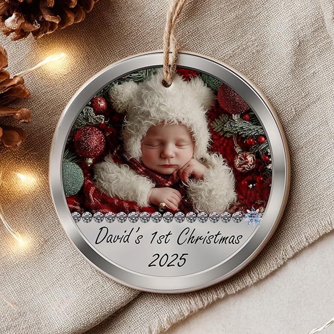 Personalized Newborn Photo Christmas Ornament 2025 - Baby’s First Holiday Keepsake - New Baby Custom Ornament - Gift for New Parents Mom Dad - Christmas, Birthday Gift for Boys, Girls