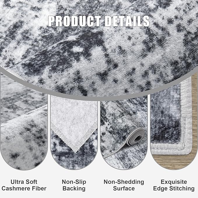 5x7 Area Rug Living Room Rug: Washable Modern Abstract Soft Thin Rug Indoor Floor No Slip Stain Resistant Carpet for Bedroom Dining Room Farmhouse Nursery Home Office - Dark Black