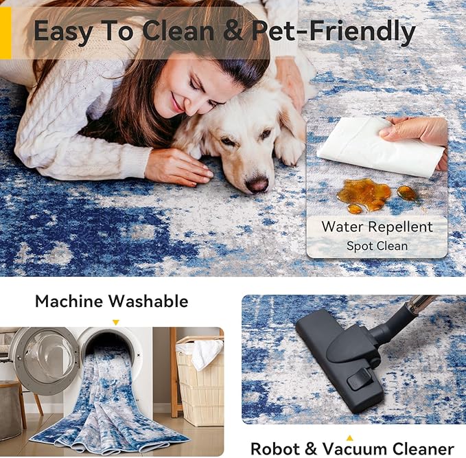 Washable Area Rugs 3'x5' Non-Slip Modern Abstract Soft for Living Room Entryway Bedroom Nursery, Print Pattern, Blue Grey Navy Gray