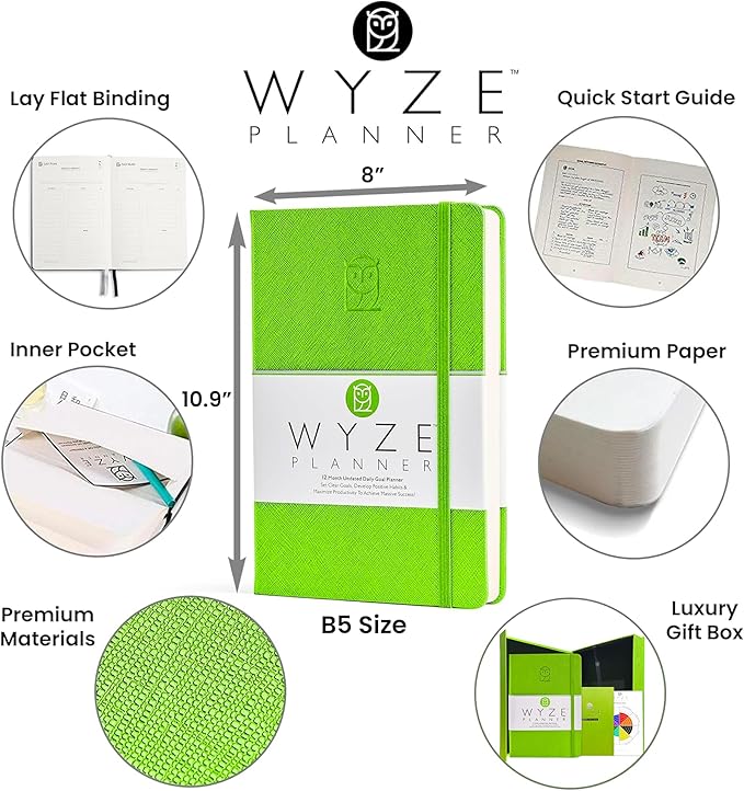 Undated Daily Planner – 1-Year B5 Productivity Organizer with Two-Page Weekly Spread, Goal Setting, Habit Tracker, Weekly & Monthly Pages – Hardcover Time Management Notebook (Lime Green)