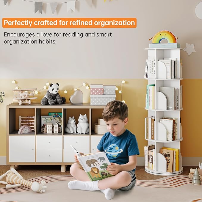 Rotating Bookshelf 4 Tier, 360 Degree Spinning Corner Bookcase with Lazy Susan, White Space Saving Tower Organizer for Small Spaces, Bedroom, Living Room, Adults & Kids