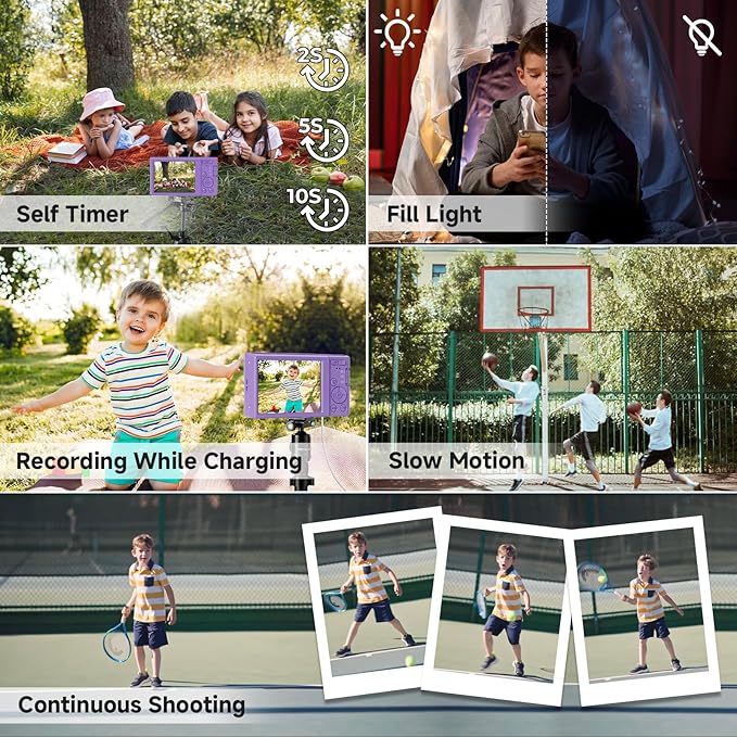 Digital Camera, FHD 4K 44MP Digital Camera, 16X Digital Zoom, Digital Point and Shoot Camera with 3-LED Fill Lights, 64GB SD Card, Compact Camera for Kids Teen Boys Girls, Purple