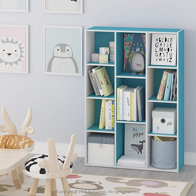 Furinno Luder Bookcase / Book / Storage , 11-Cube, White/Light Blue