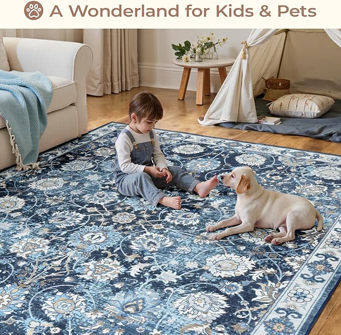 Floral 8x10 Area Rug for Living Room, Large Washable Blue Rugs, Soft Non Slip Carpets, Stain Resistant Low Pile Carpet for Indoor Dining Bedroom Under Table Home Office Nursery, Blues Garden