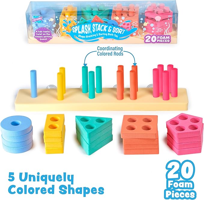 Tub Works® Splash, Stack & Sort™ Shape Sorter & Stacking Toddler Bath Toy | 20 Foam Pieces | Color Sorting & Shape Stacking Kids Bath Toys | Floats & Sticks to Tub Walls | Early Learning Bathtub Toys