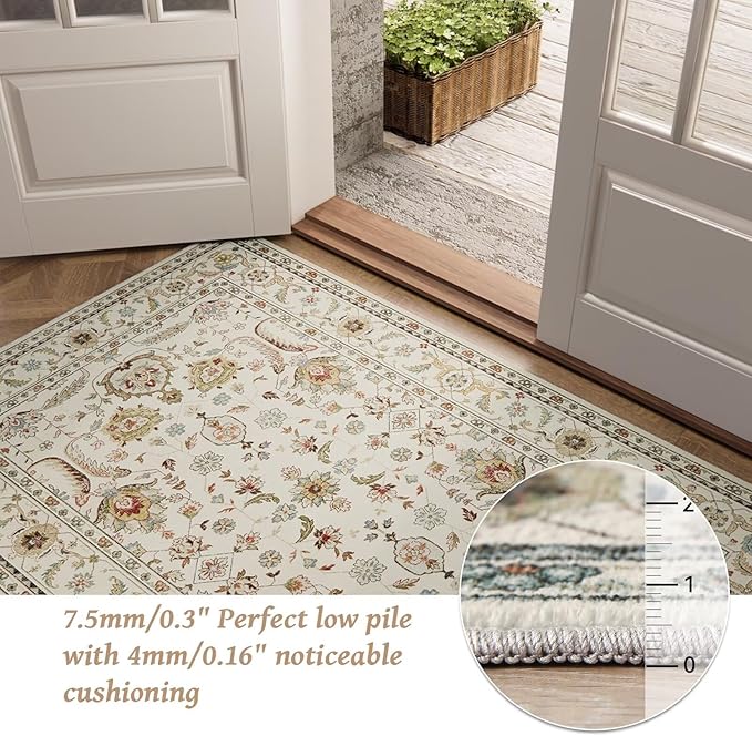 Washable 10x14 Area Rugs for Living Room, Boho Non-Slip Silicone Backing Rugs for Bedroom Dining Room Office, 0.3" Neutral Oriental Throw Carpet with 0.16" Cushioning Pad, Light Beige/Multi