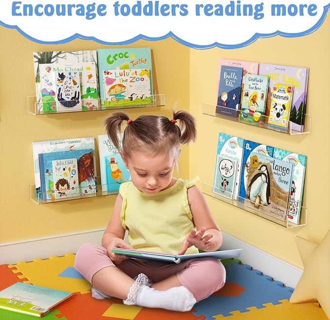 NIUBEE 24-Inch Acrylic Kids Floating Bookshelves, 2-Pack, Wall Mounted Clear Shelves for Kids' Growing Book Collections in Nurseries/Bedroom/Playrooms