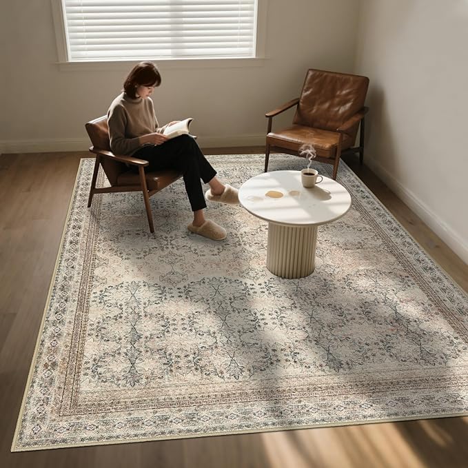 5x7 Washable Area Rug for Living Room Rustic, Non Slip Vintage Floral Bedroom Rugs Retro, Traditional Indoor Floor Carpet for Dining Room, Kitchen, Farmhouse, Office Beige/Pink/Orange