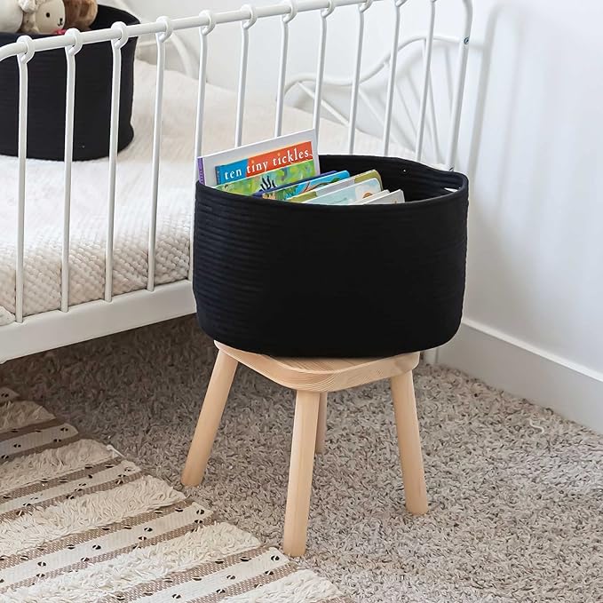 OrganiHaus Black Basket for Storage| Cotton Rope Basket | Woven Baskets for Storage | Towel Baskets for Bathroom | Decorative Rectangular Storage Baskets for Closet | Woven Book Baskets for Organizing