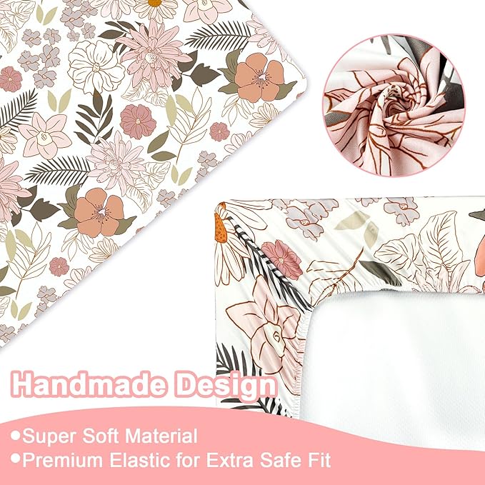 4-Piece Crib Bedding Set for Girls, Pink Baby Girl Bedding Set with Crib Skirt, Baby Quilt, Crib Sheet and Diaper Stacker, Daisy Flower