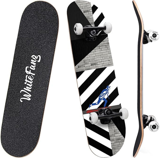 WhiteFang Skateboards for Beginners, Complete Skateboard 31 x 7.88, 7 Layer Canadian Maple Double Kick Concave Standard and Tricks Skateboards for Kids and Beginners