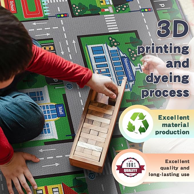 Fun Car Play Area Carpet Car Mat 3x4 Play Rug for Playroom Town City Road Map for Boys Bedroom Non-Slip Washable