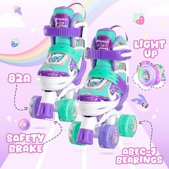 PAPAISON Adjustable Roller Skates for Girls Illuminating Wheels, Kids Toddler Rollerskates Ages 4-6 5-8 8-12