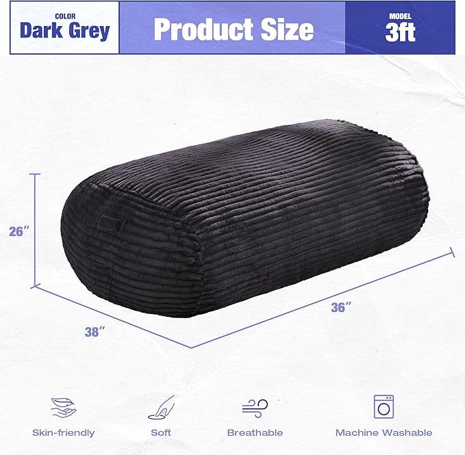 Hobestluk 3FT Bean Bag Chairs Adult Bean Bag with Portable Handle Comfy Large Bean Bag Chair with Removable Cover for Living Room Bedroom or Reading Nook (Stripe Dark Grey, 3FT)