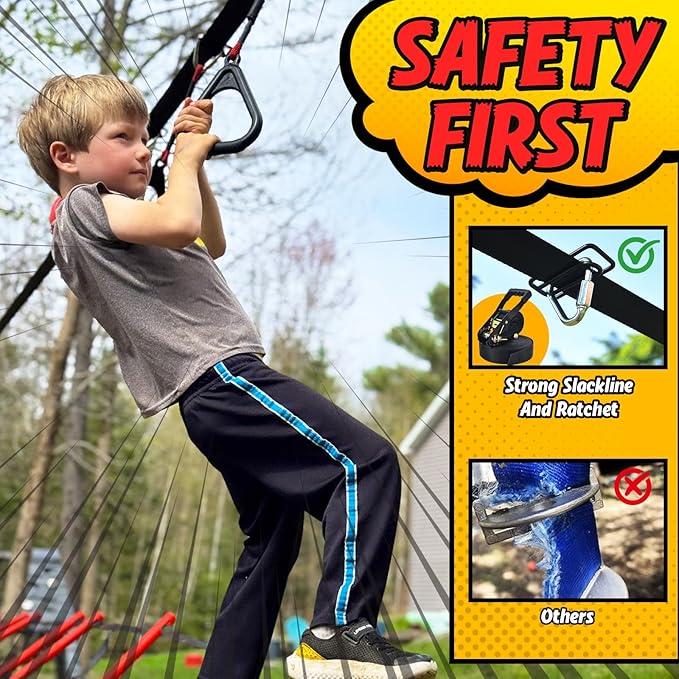 Hapfan Ninja Warrior Obstacle Course for Kids with Rickety Bridge, 50 FT Slackline Kit with Weather-Proof Obstacles, Outdoor Jungle Gym Climbing Toys for Backyard