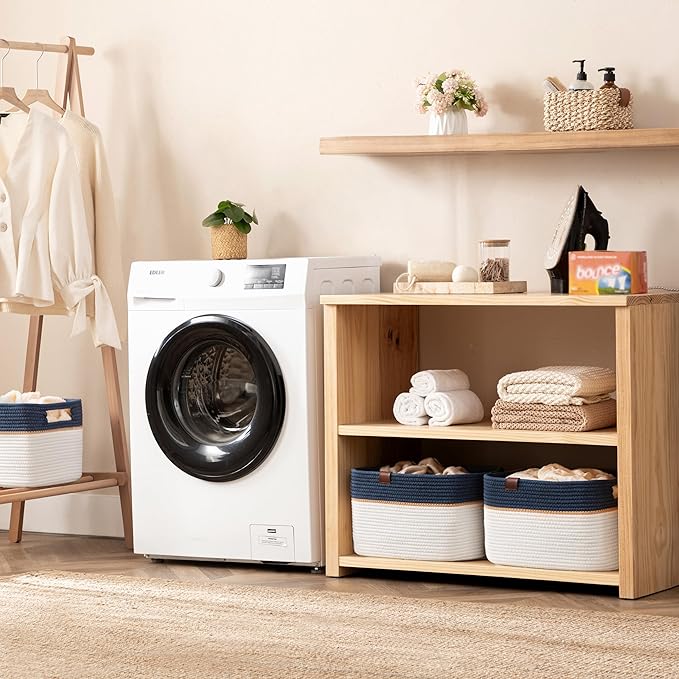 UBBCARE 2 Pack Baskets for Organizing, Woven Storage Baskets with Label for Toys and Towel, Rectangle Cotton Rope Basket with Handles, 15''L x10''W x9''H, Navy Blue&White