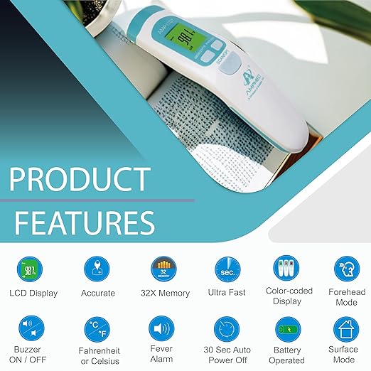 Amplim Non-Contact Forehead Thermometer & Case for Adults, Kids, Baby, FDA Cleared, Medical Grade, Touchless Infrared, 1-Sec Reading, Fever Alarm, Memory Recall, Quiet Mode, (White)