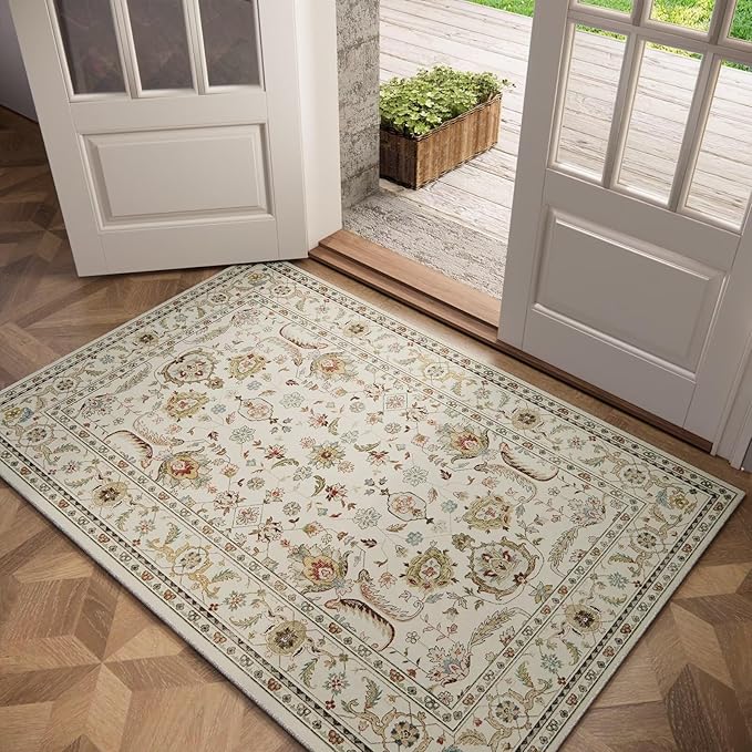Washable 3x5 Entryway Rug Indoor, Boho Non-Slip Silicone Backing Small Rugs for Kitchen Nursery Office Bedroom, 0.3" Neutral Oriental Throw Carpet with 0.16" Cushioning Pad, Light Beige/Multi